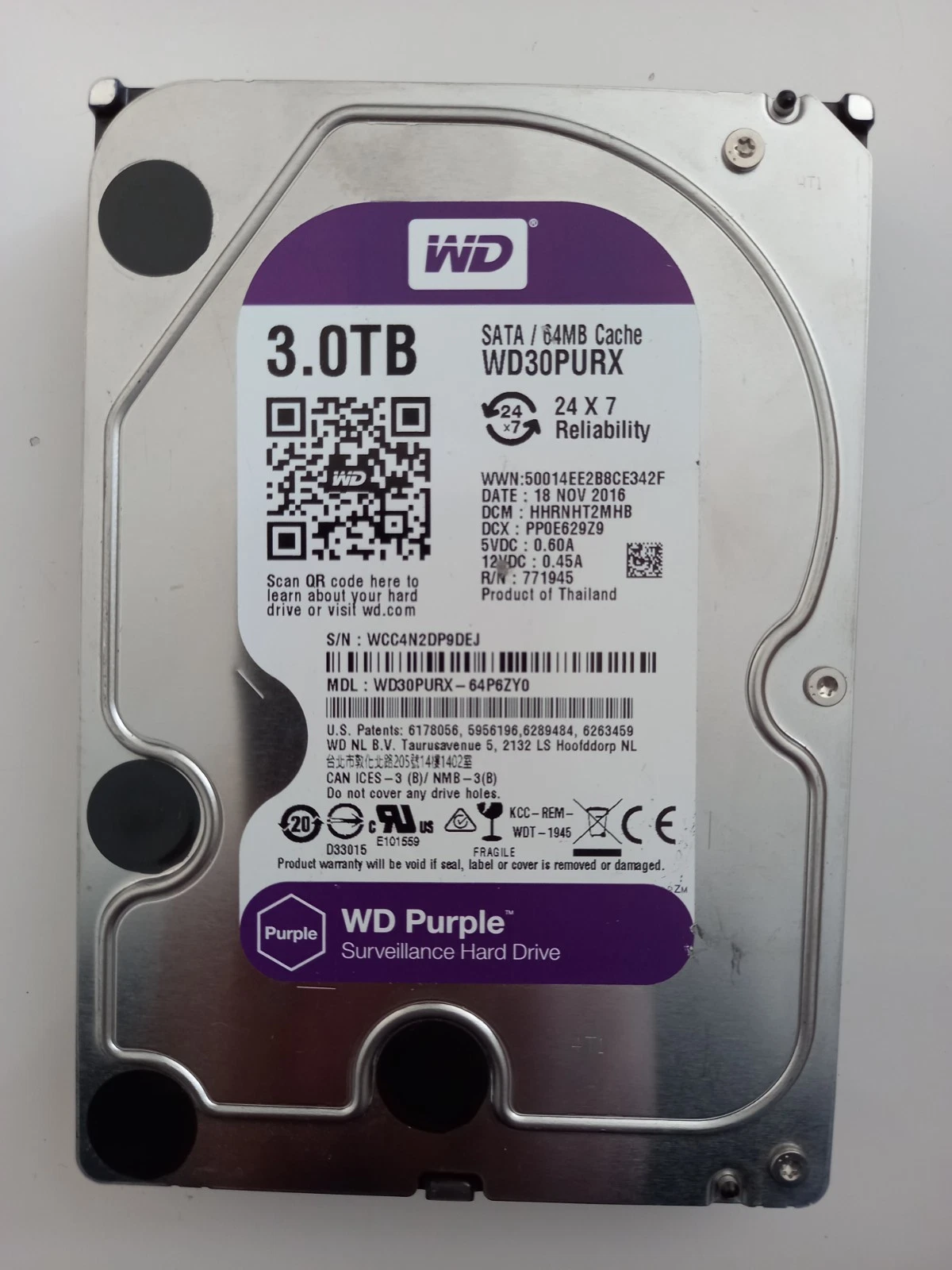WD Purple 3TB Surveillance 3.5" SATA HDD WD30PURX/Slightly Used-Good 100% Health - Image 4
