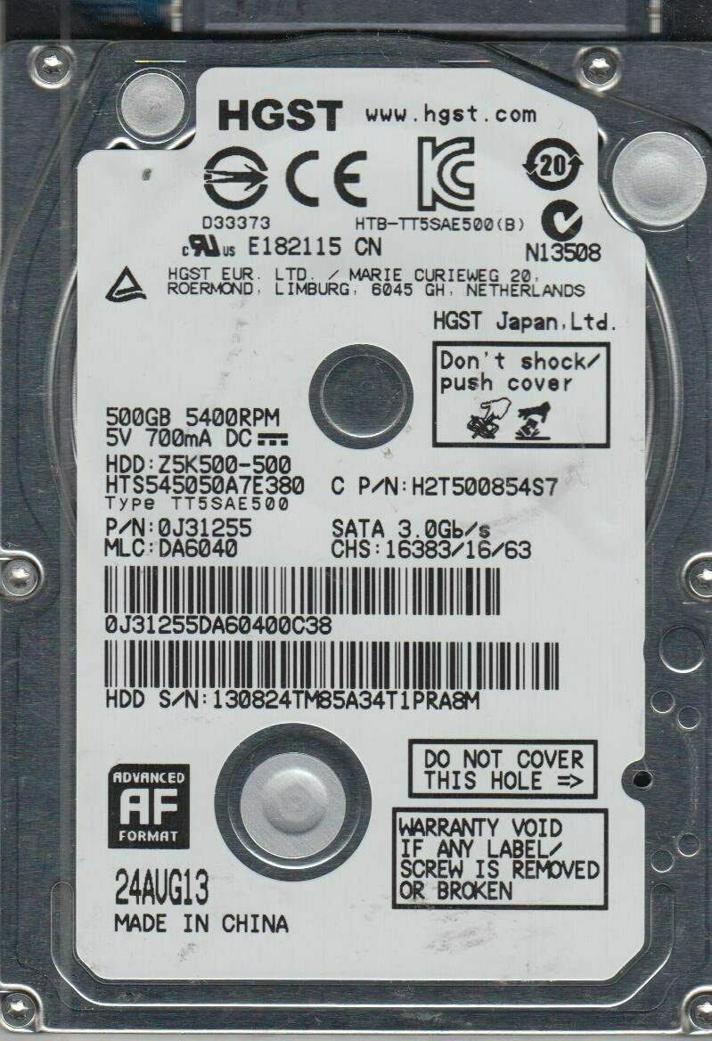 Hitachi 500G 2.5" HGST Sata 3.0 Gbps Hard Drive HTS545050A7E380 - Image 2