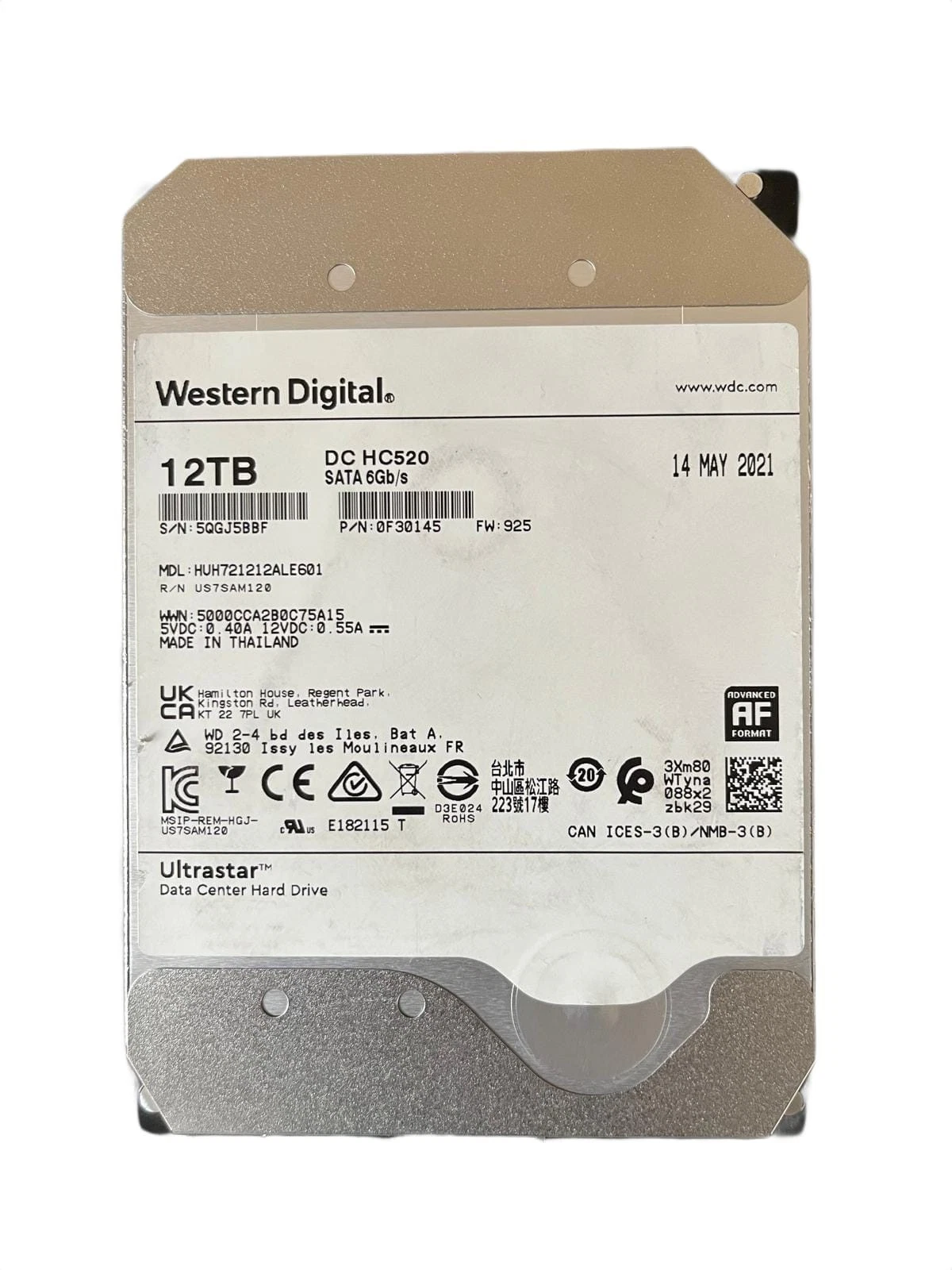 WD HDD 12TB HUH721212ALE601 256MB 7200RPM SATA III 3.5" - Used-Good/100% Health - Image 3